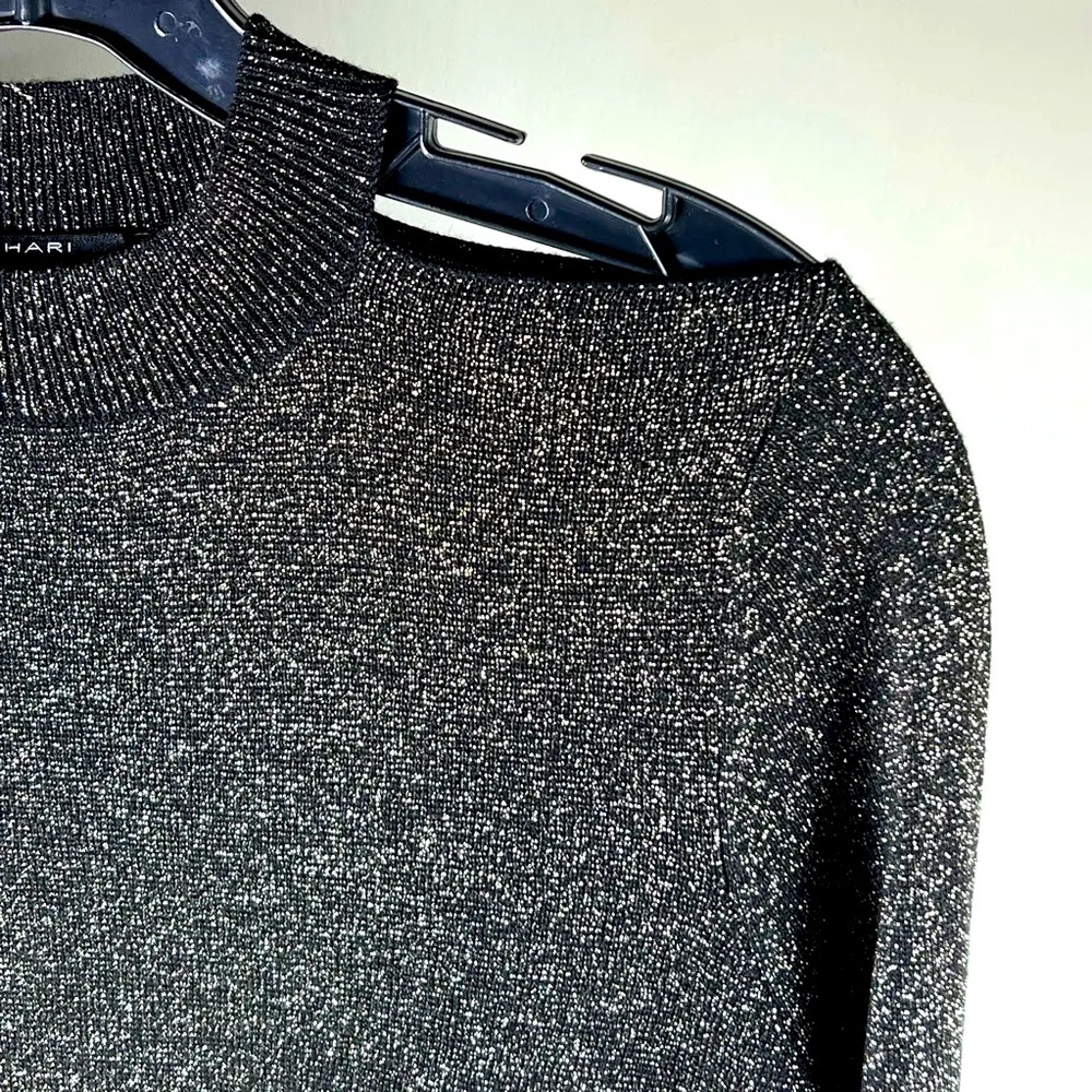Tahari Womens Pullover Sweater Black Marled Cold Shoulder Sleeve Mock Neck L​